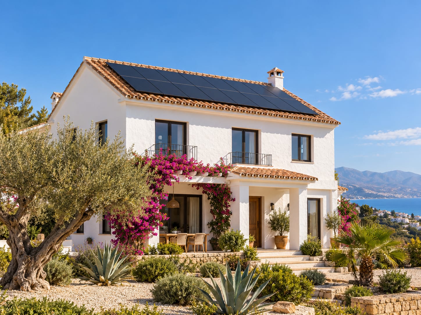 Vivienda mediterránea con placas solares en el tejado